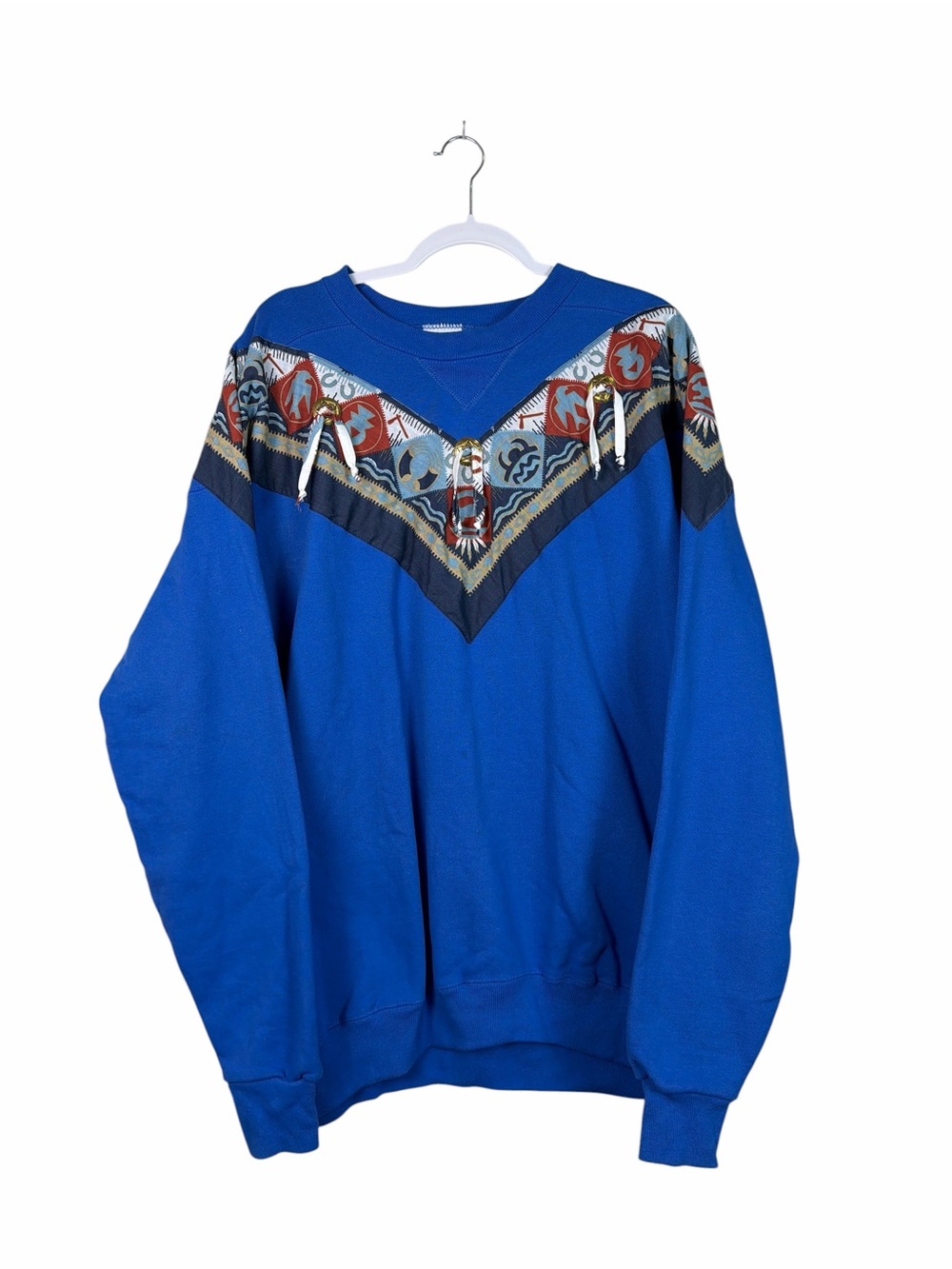Vintage 90s Tultex XL Blue Southwestern Concho Tassel Crewneck Sweatshirt USA